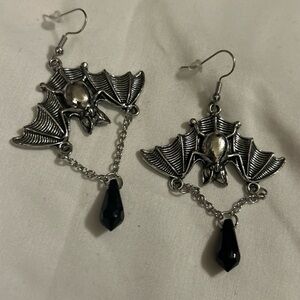 Bat Dangle Earrings Goth Emo Biker Skater black crystal W/silver Chain Fantasy